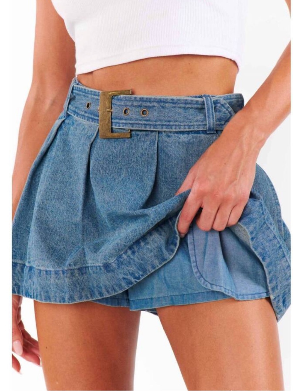 Show Me Your MuMu Denim Jean Lohan Ozone Indigo Pleated Belted Mini Skort Skirt
